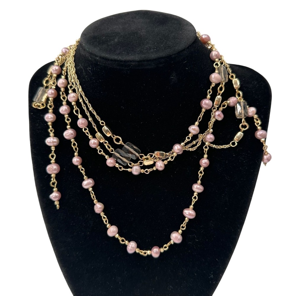 WHBM Gold-Tone Multi-Strand Necklace Mauve Pearls Smoky Quartz Beads Layered